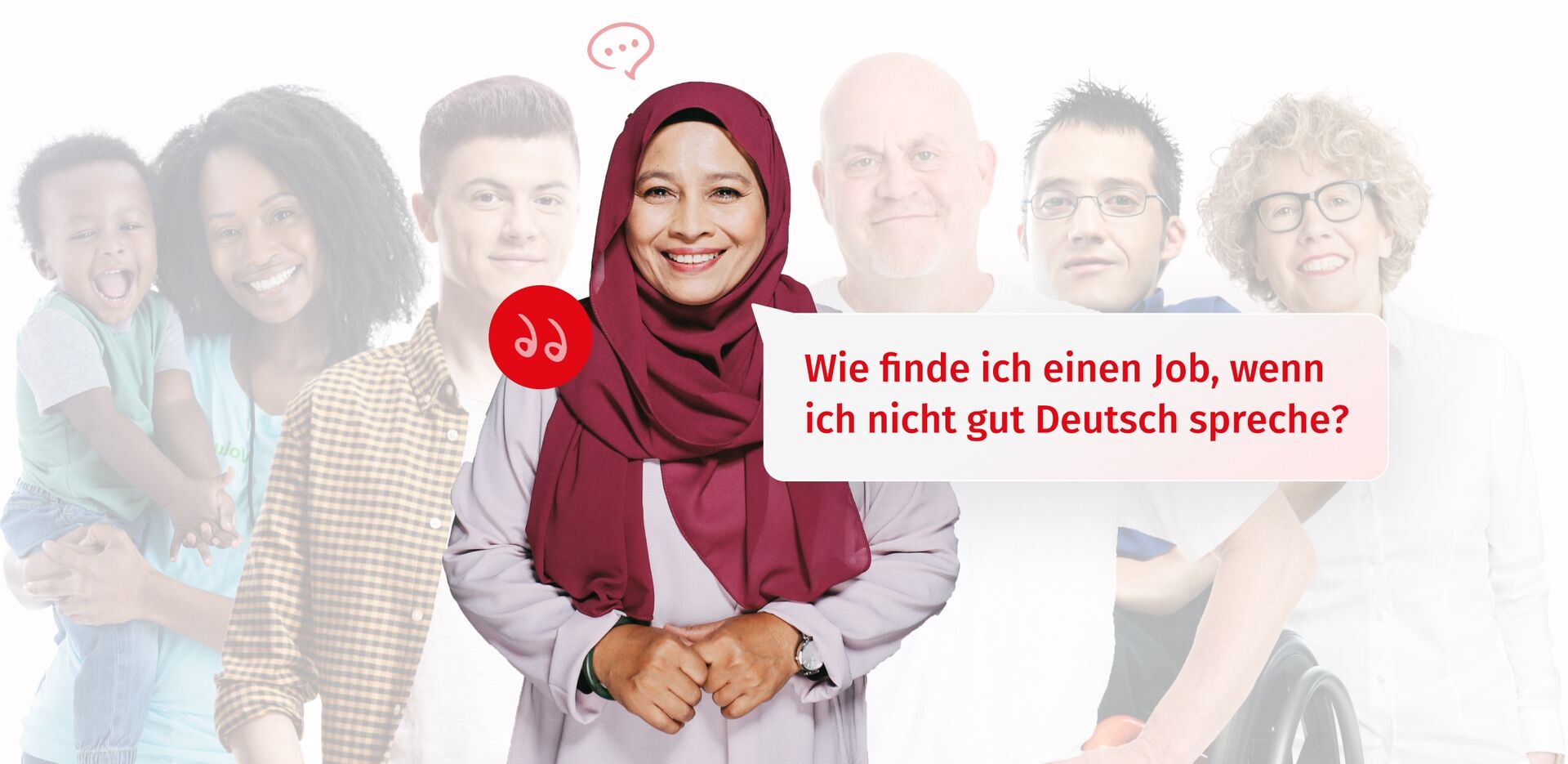 Verschiedene Menschen, vorne eine Migrantin, die sagt: Wie finde ich einen Job, wenn ich nicht gut Deutsch spreche? Zur Seite: Migrant:in in Bremen