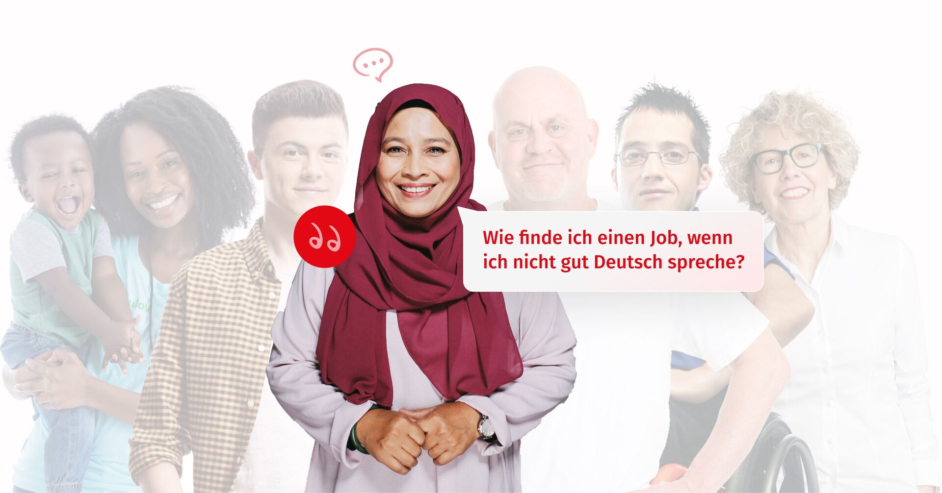 Verschiedene Menschen, vorne eine Migrantin, die sagt: Wie finde ich einen Job, wenn ich nicht gut Deutsch spreche? Zur Seite: Migrant:in in Bremen